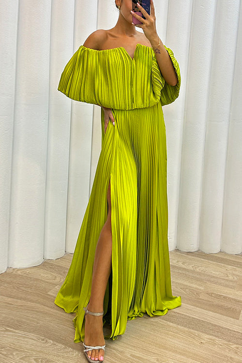 Rosiedress Off Shoulder Waisted High Slit Pleated Maxi Dress Yellow