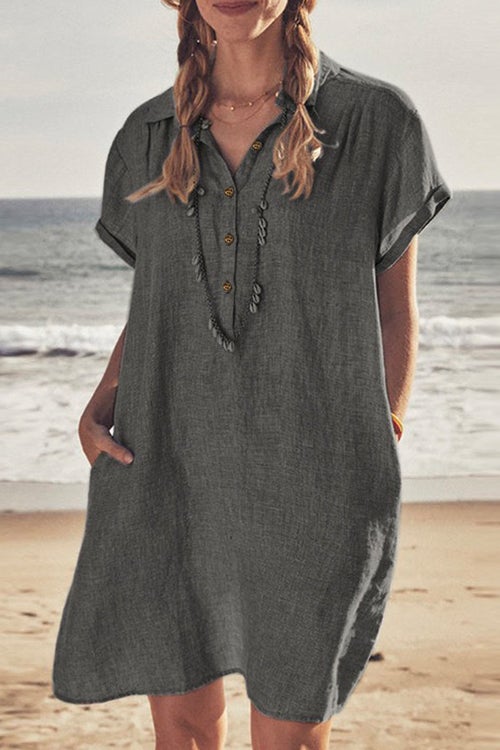 Lapel Buttons Cotton Linen Shirt Dress Gray