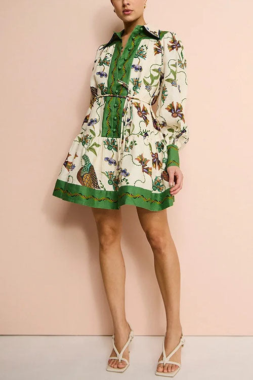 Rosiedress Long Lantern Sleeves Button Up Unique Print Mini Dress