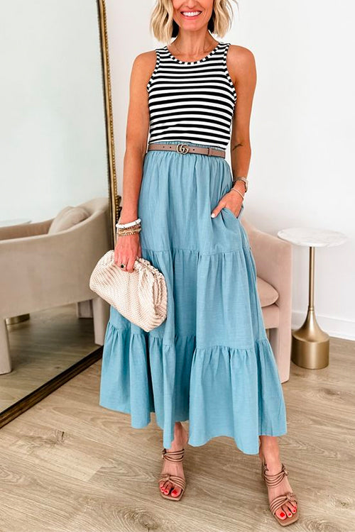 Ruffle Tiered Denim Maxi Swing Skirt