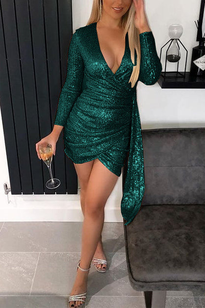 Rosiedress V Neck Draped Side Sequin Mini Party Dress