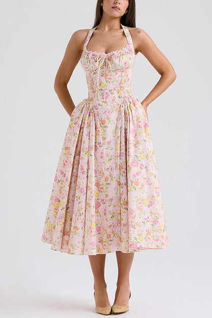 Rosiedress Halter Tie Front Waisted Floral Print Midi Dress