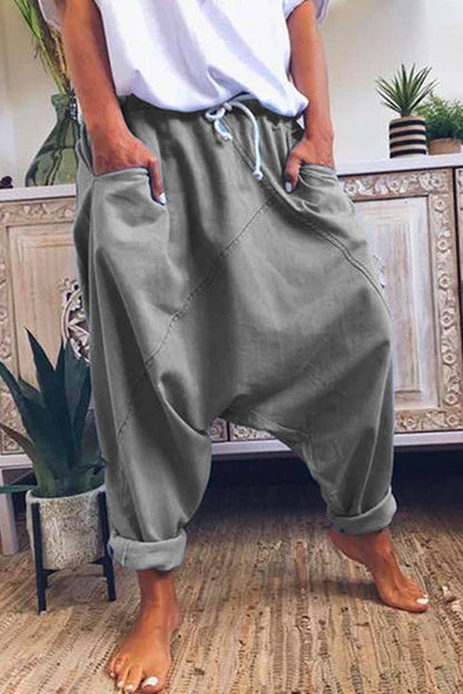 Solid Drawstring Waist Hippie Harem Pants Gray