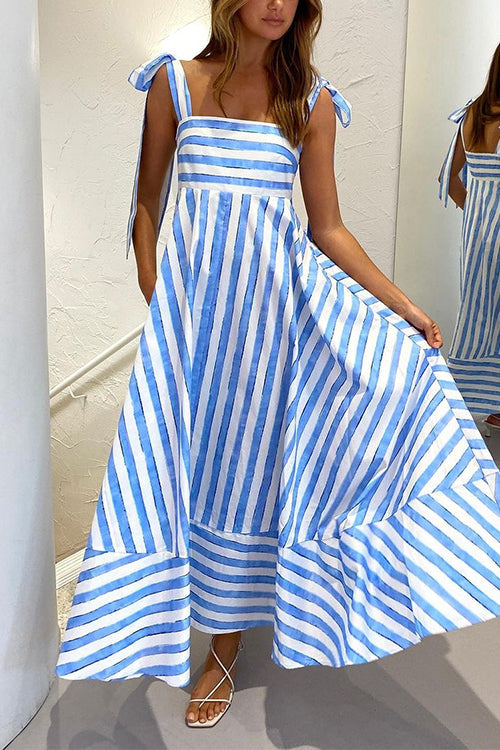 Rosiedress Pocketed Bow Shoulder Striped Swing Maxi Cami Dress LightBlue