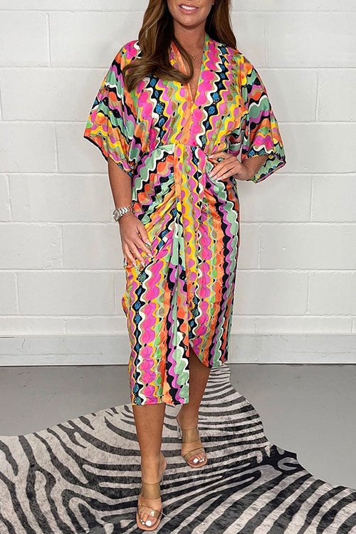 V Neck Half Sleeve Waisted Slit Printed Midi Dress Pink