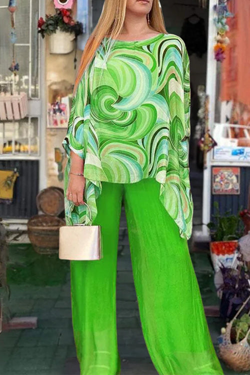 Rosiedress Printed Batwing Sleeves Irregular Top and Wide Leg Pants Chiffon Set Green