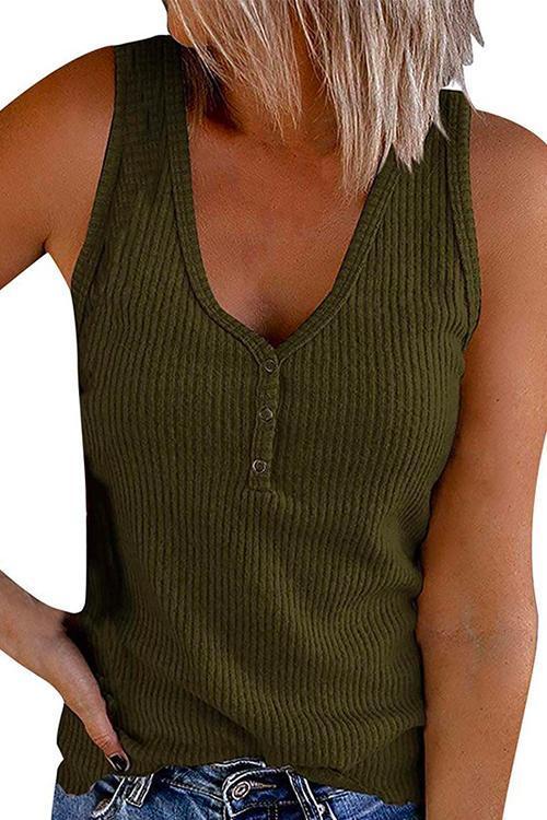 Rosiedress Buttons V Neck Sleeveless Solid Top Green