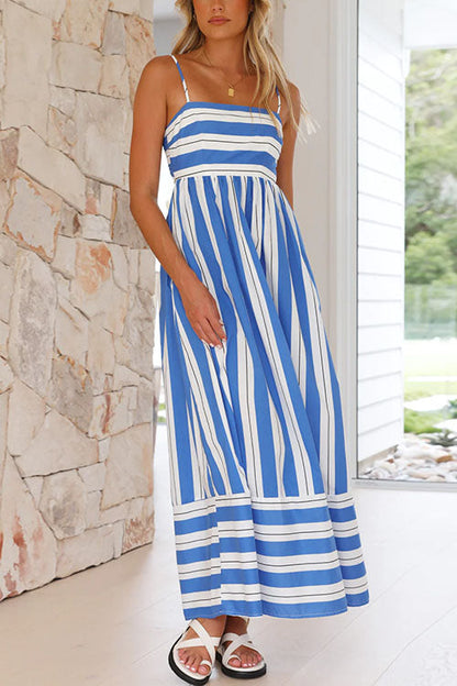 Rosiedress Back Cut Out High Waist Striped Maxi Cami Dress Blue