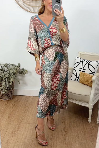 Rosiedress 3/4 Sleeves Button Up Top and High Waist Maxi Skirt Printed Set