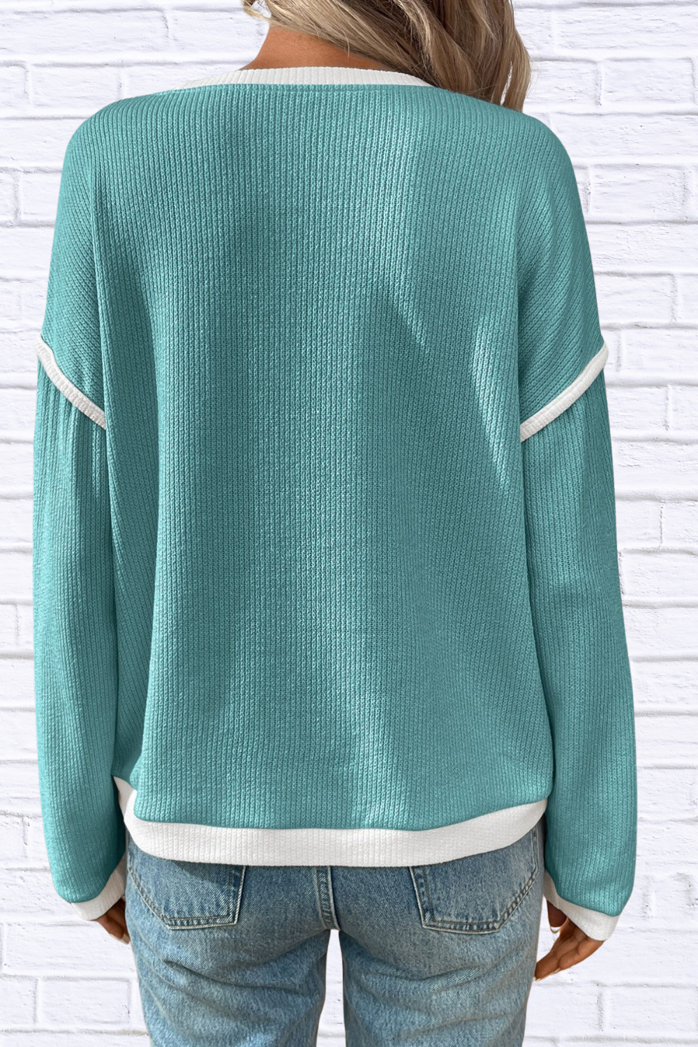 Ribbed Contrast Trim Long Sleeve Top