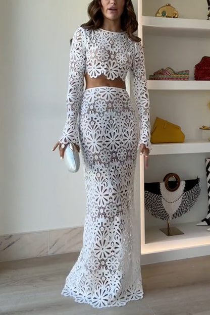 Rosiedress Crochet Lace Cover-up Crop Top and Maxi Skirt Vacation Set