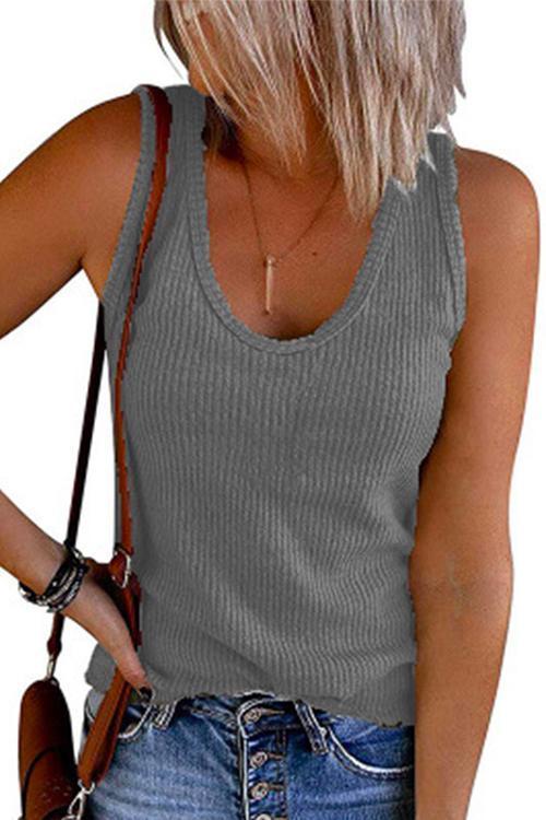 Rosiedress Scoop Neck Ribbed Solid Sleeveless Top Gray