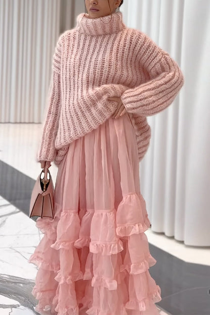 Rosiedress Turtleneck Drop Shoulder Fluffy Pullover Sweater