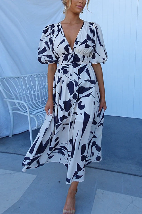 Rosiedress V Neck Puff Sleeves Printed Maxi Flowy Dress White