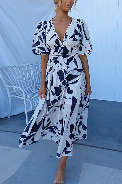 V Neck Puff Sleeves Printed Maxi Flowy Dress White