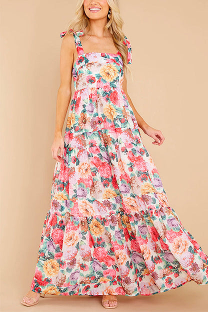 Queen Of Roses Tie Shoulder Ruffle Swing Maxi Dress