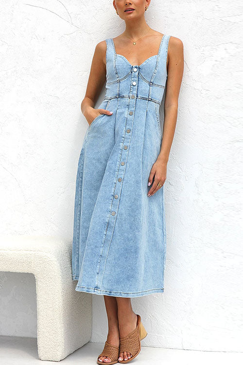 Rosiedress Distressed Button Down Pocketed Denim A-line Midi Cami Dress