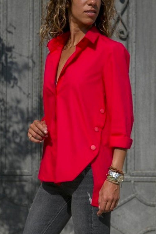 Side Buttons Long Sleeves Irregular Hem Blouse Shirt Red