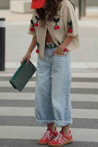 Rosiedress Short Sleeves Button Up Cherry Decorative Knit Sweater