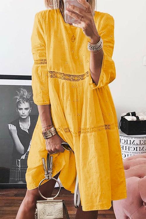 3/4 Sleeve Hollow Out Casual Babydoll Dress Yellow