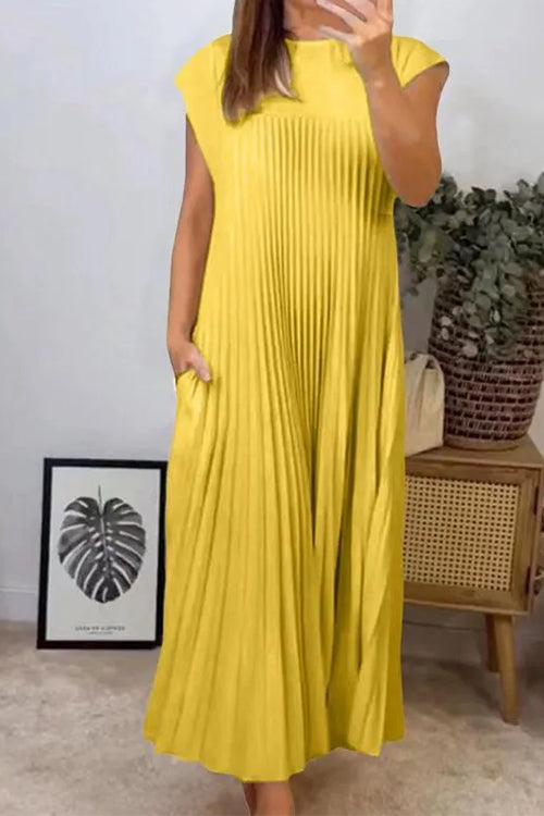 Cap Sleeves Pocketed Loose Pleated Maxi Dress Yellow