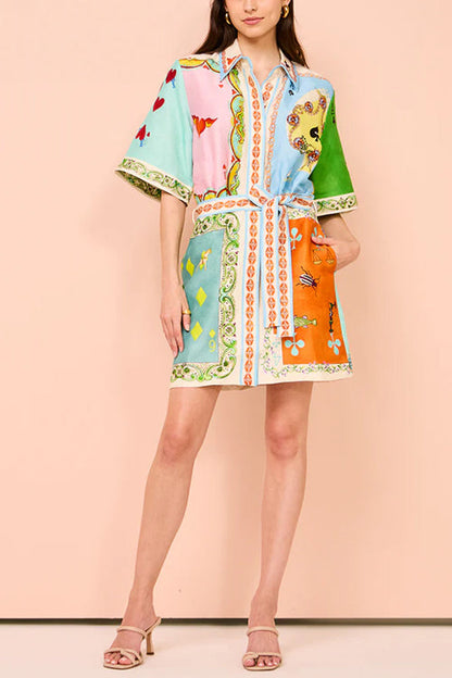 Rosiedress Short Sleeves Tie Waist Color Block Printed Mini Shirt Dress