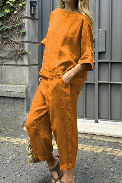 Cotton Linen Half Sleeves Pullover Top Wide Leg Tapered Pants Set Yellow