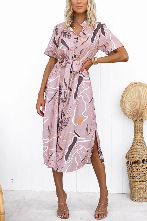 Short Sleeves Tie Waist Side Slit Printed Midi Shirt Dress