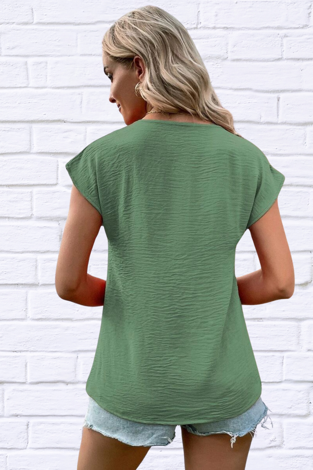 Decorative AirFlow  Button V-Neck Short Sleeve Blouse