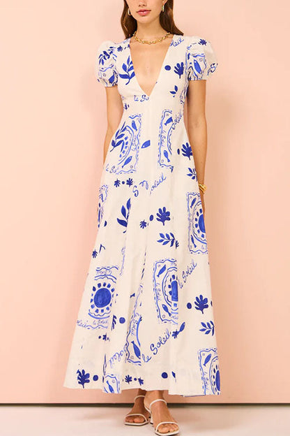 V Neck Puff Sleeves Resort Print A-line Maxi Dress Blue