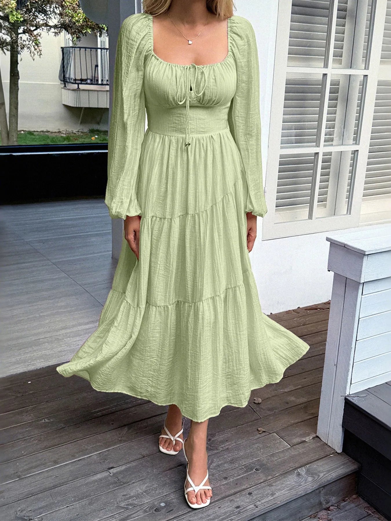 Tiered Balloon Sleeve Midi Dress