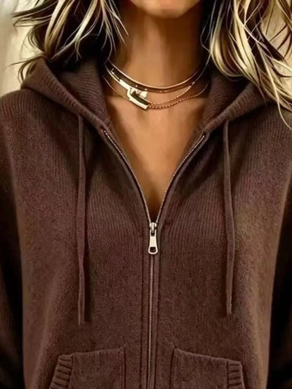 Zip-Up Hooded Knit Cardigan
