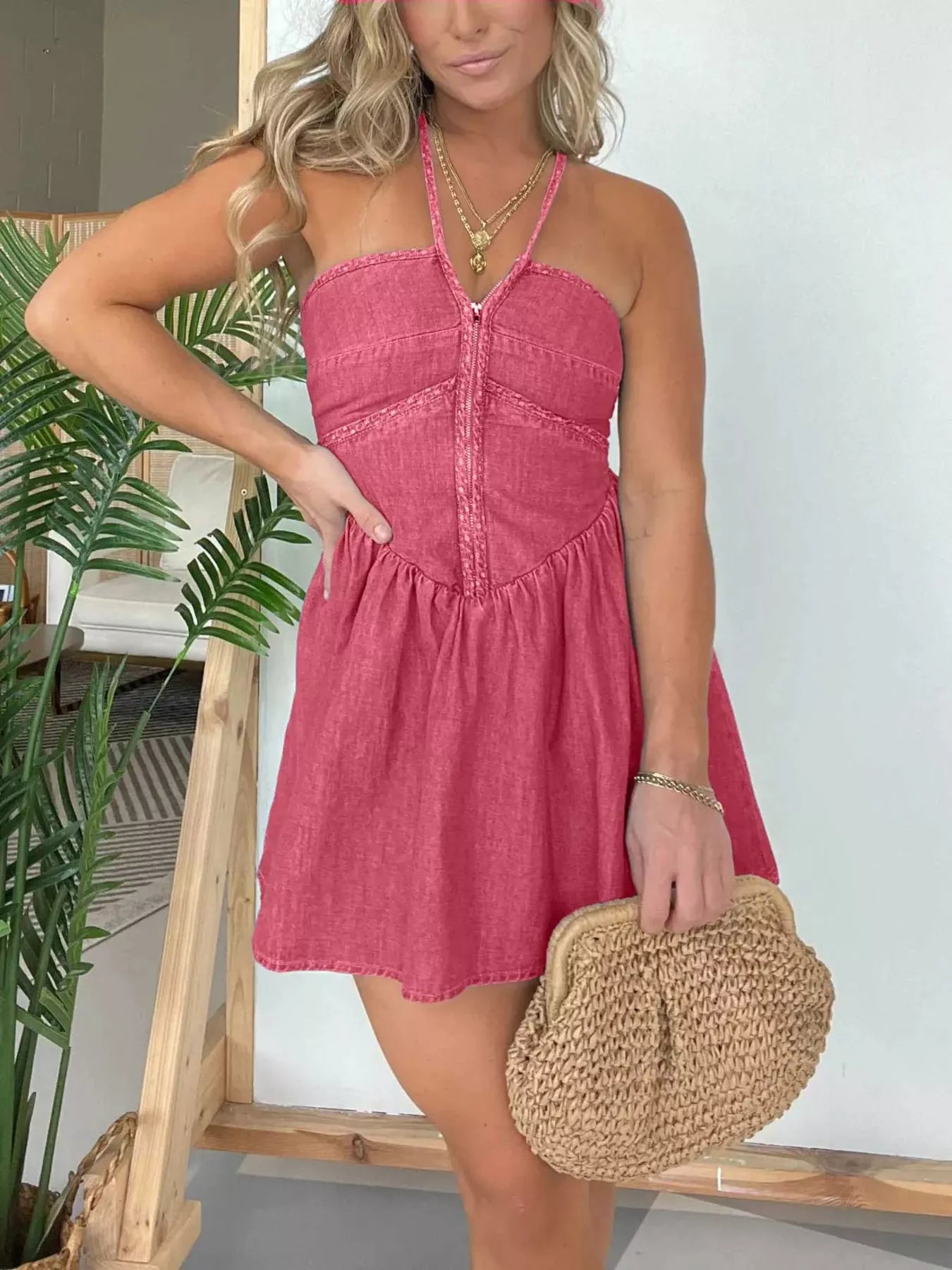 Full Size Denim Halter Neck Mini Dress Plus Size