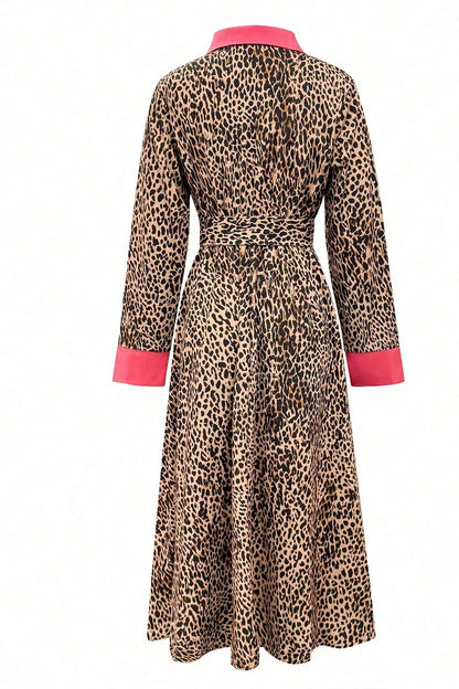 Leopard Print Belted Maxi Shirt Dress