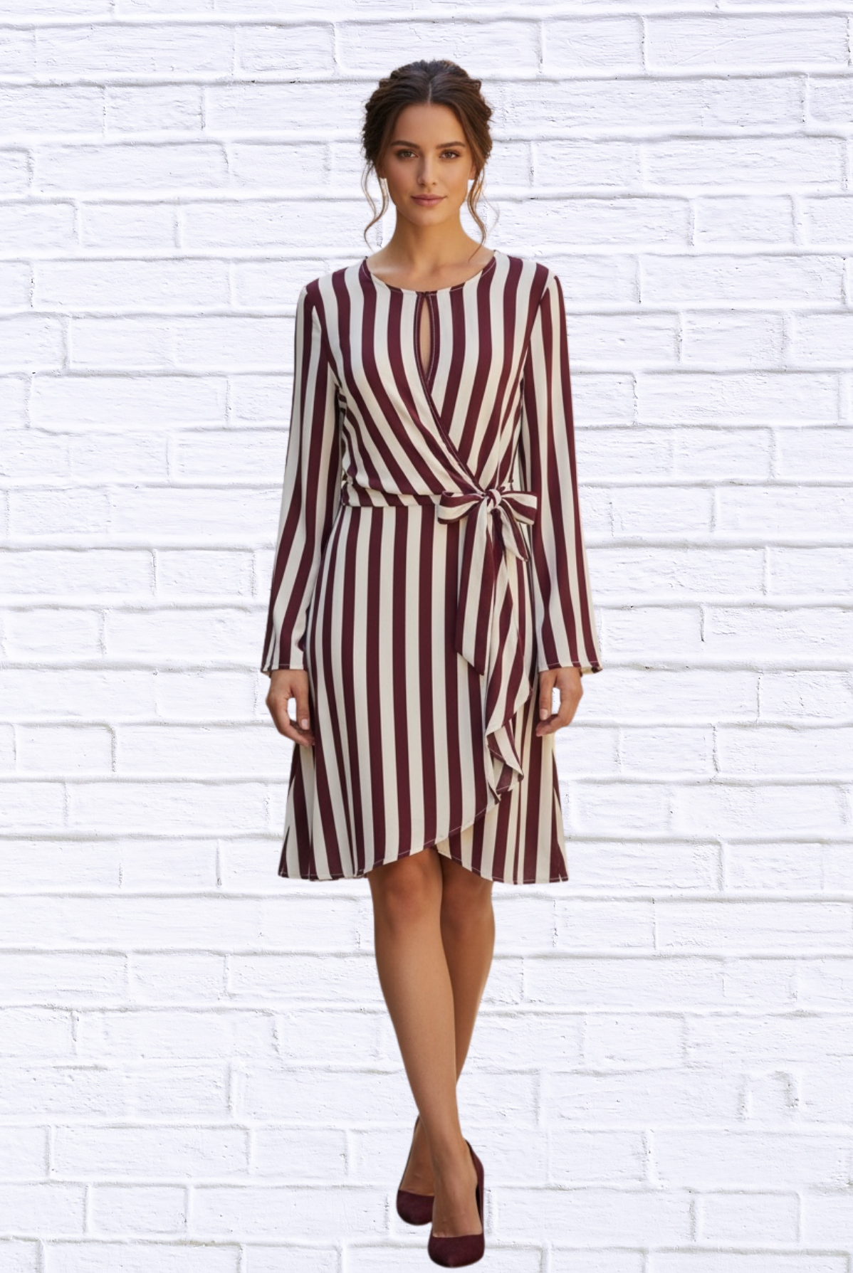Burgundy and Cream Striped Long Sleeve Wrap Dress – Elegant Tie-Waist A-Line Midi Dress