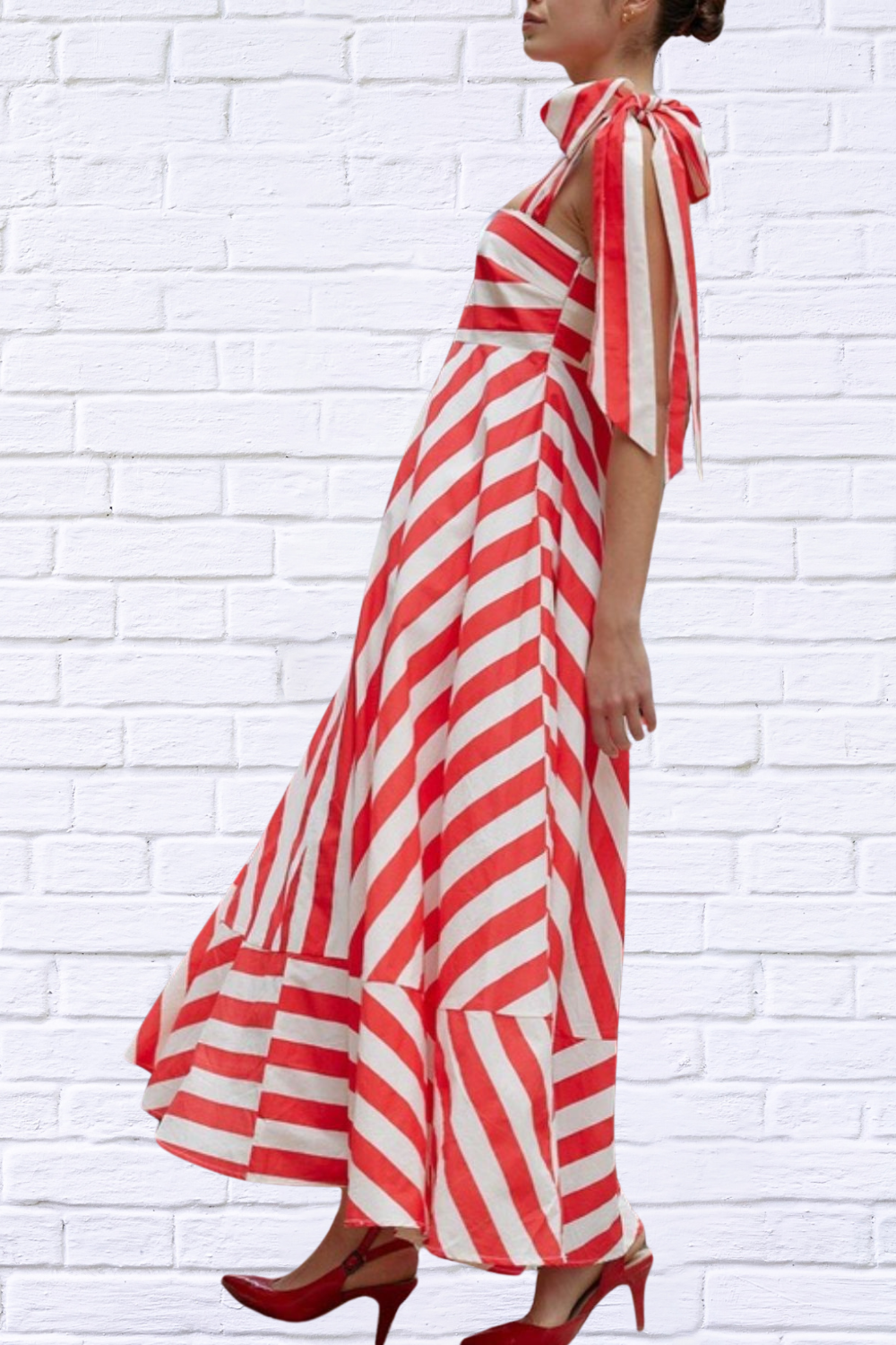 Striped Red And White Square Neck Wide Strap Dress
