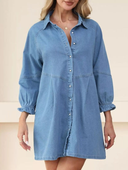 Classic Button-Down Long Sleeve Denim Shirt Dress