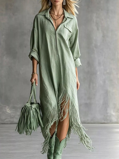 Fringe Hem Zip-Up Shirt Dress