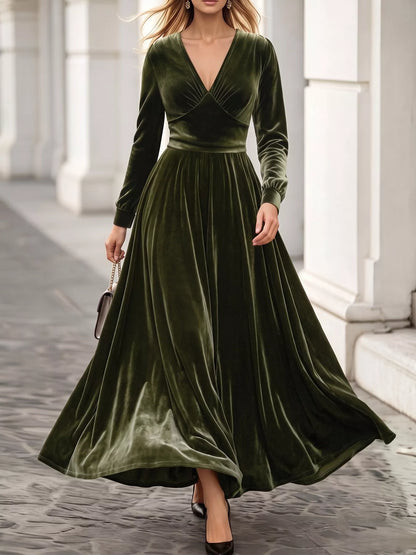 Plus Size V-Neck Long Sleeve Velvet Maxi Dress
