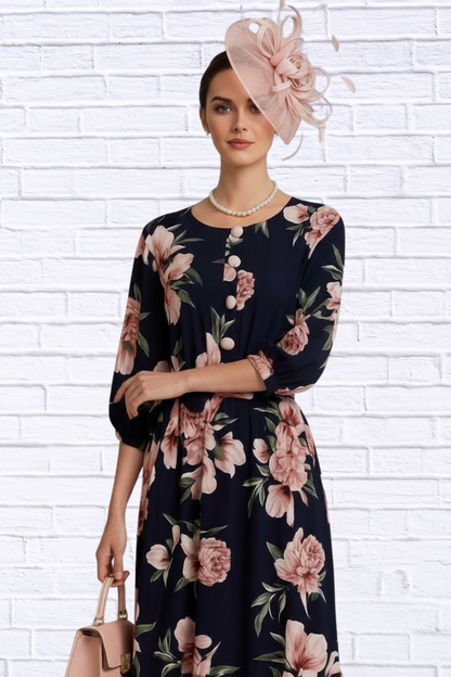 🌸 Navy Floral Midi Dress with Belt and Side Pockets