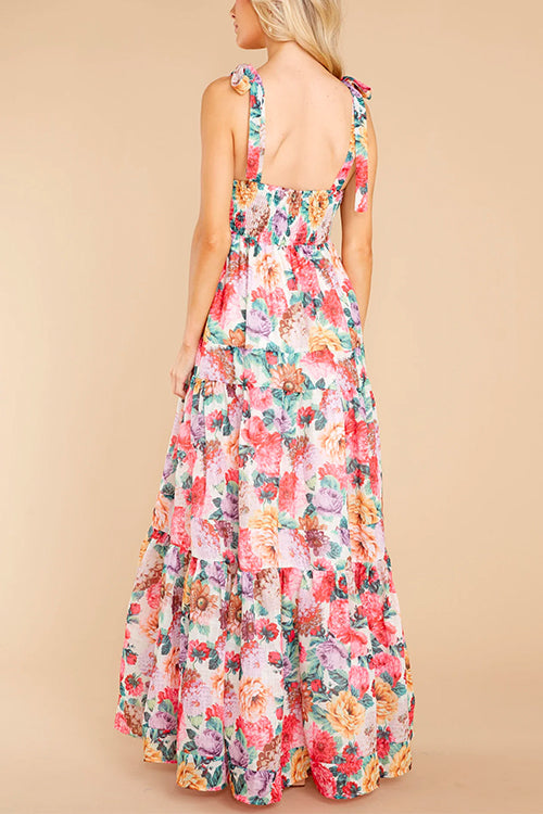 Queen Of Roses Tie Shoulder Ruffle Swing Maxi Dress