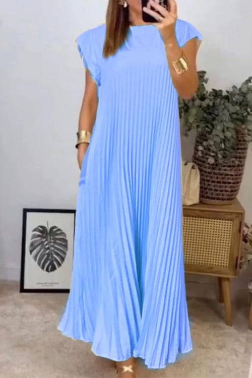 Rosiedress Cap Sleeves Pocketed Loose Pleated Maxi Dress LightBlue