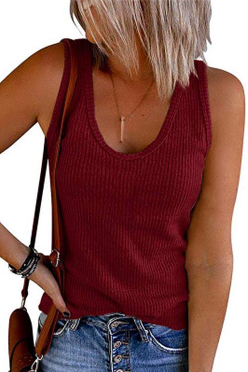 Rosiedress Scoop Neck Ribbed Solid Sleeveless Top Burgundy