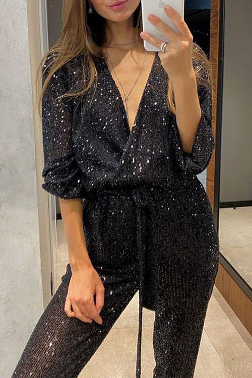 Rosiedress Wrap V Neck Tie Waist Sequin Jumpsuit