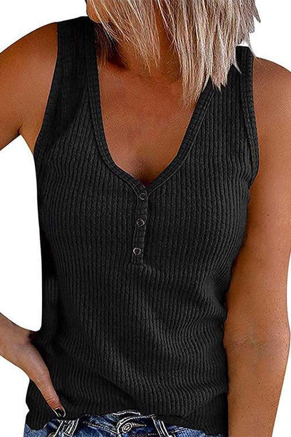 Buttons V Neck Sleeveless Solid Top Black