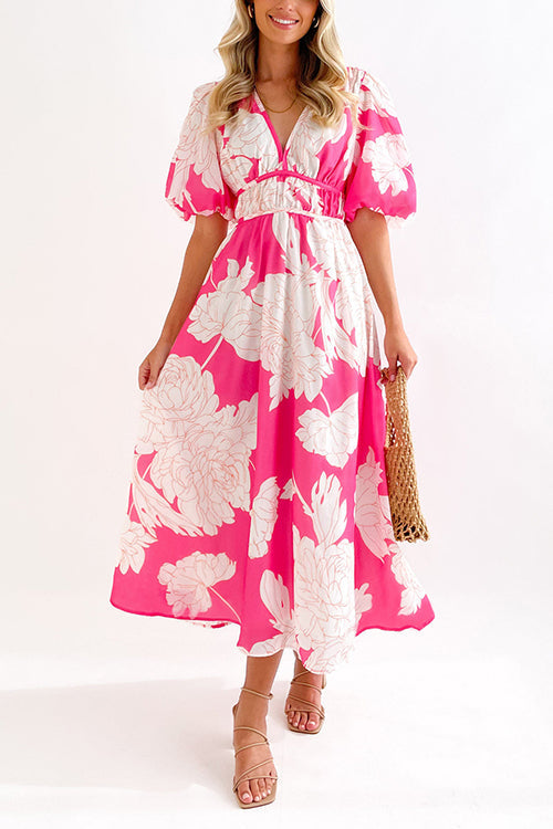 Rosiedress V Neck Puff Sleeves Waisted Floral Midi Dress Pink