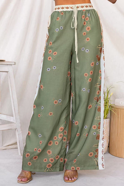 Drawstring Elastic Waist Floral Print Wide Leg Pants