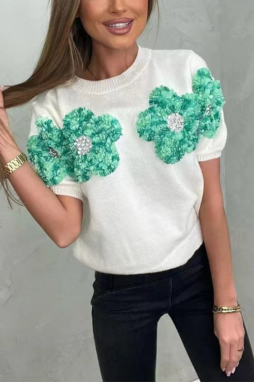 Rosiedress Crewneck Short Sleeves 3D Flower Sweater Top