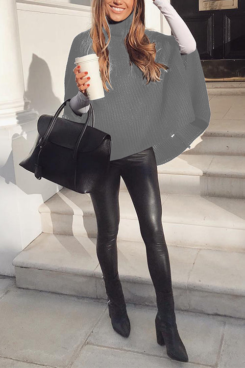 Turtleneck Half Sleeves Oversized Poncho Sweater Gray