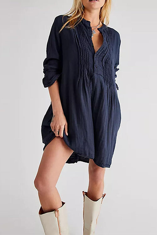Long Sleeves Button Up Mini Shirt Dress DarkBlue
